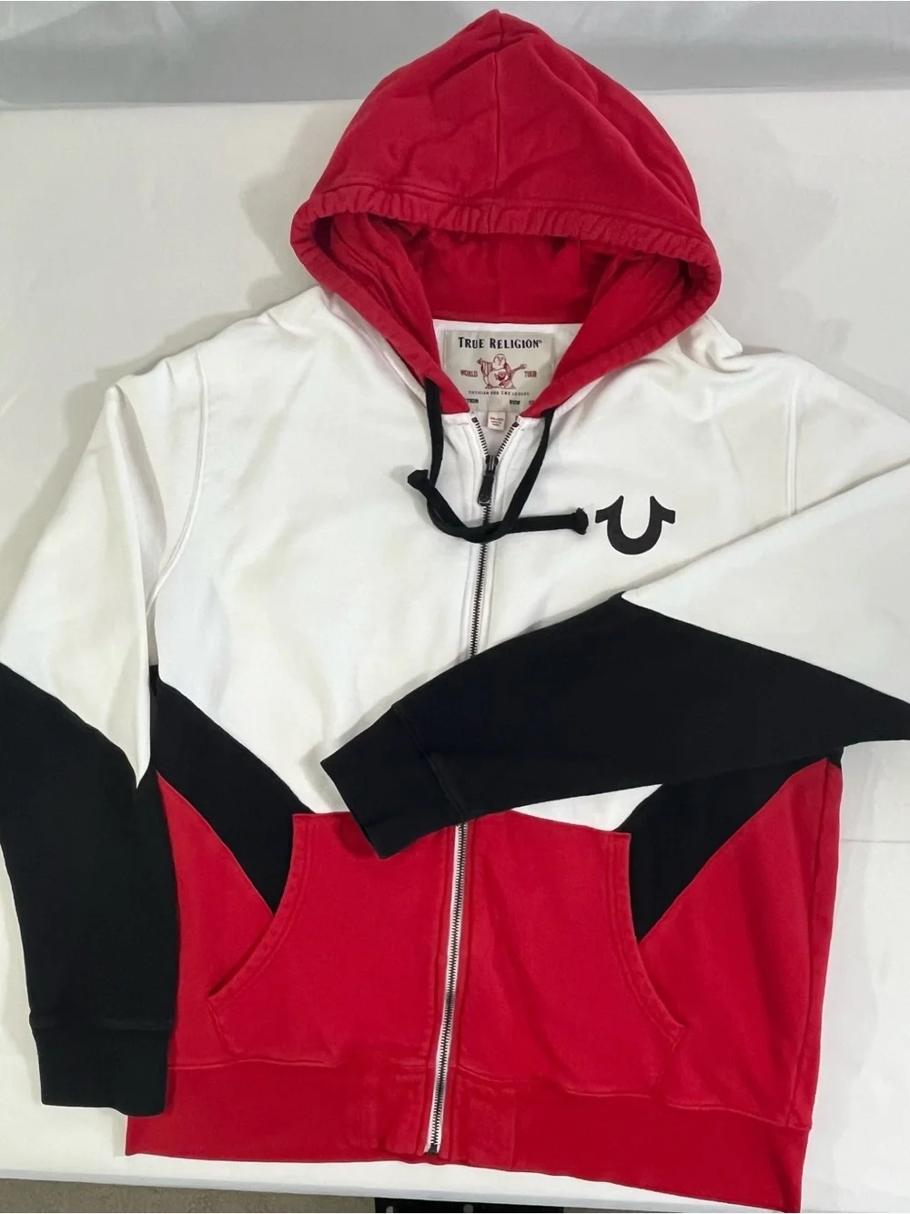 2XL True Religion Chevron Zip Hoodie Red White Black Colorblock Jacket